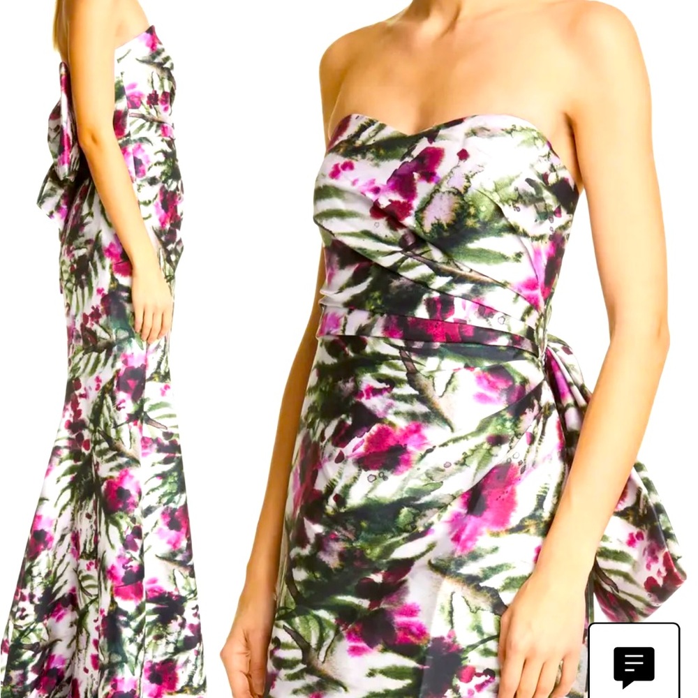 Badgley Mischka strapless floral print bow back gown